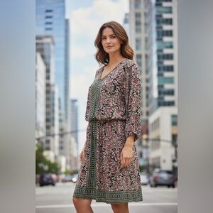 Roz &‎ Ali Black Pink White Pattern dress w/ button sleeves, Size Large